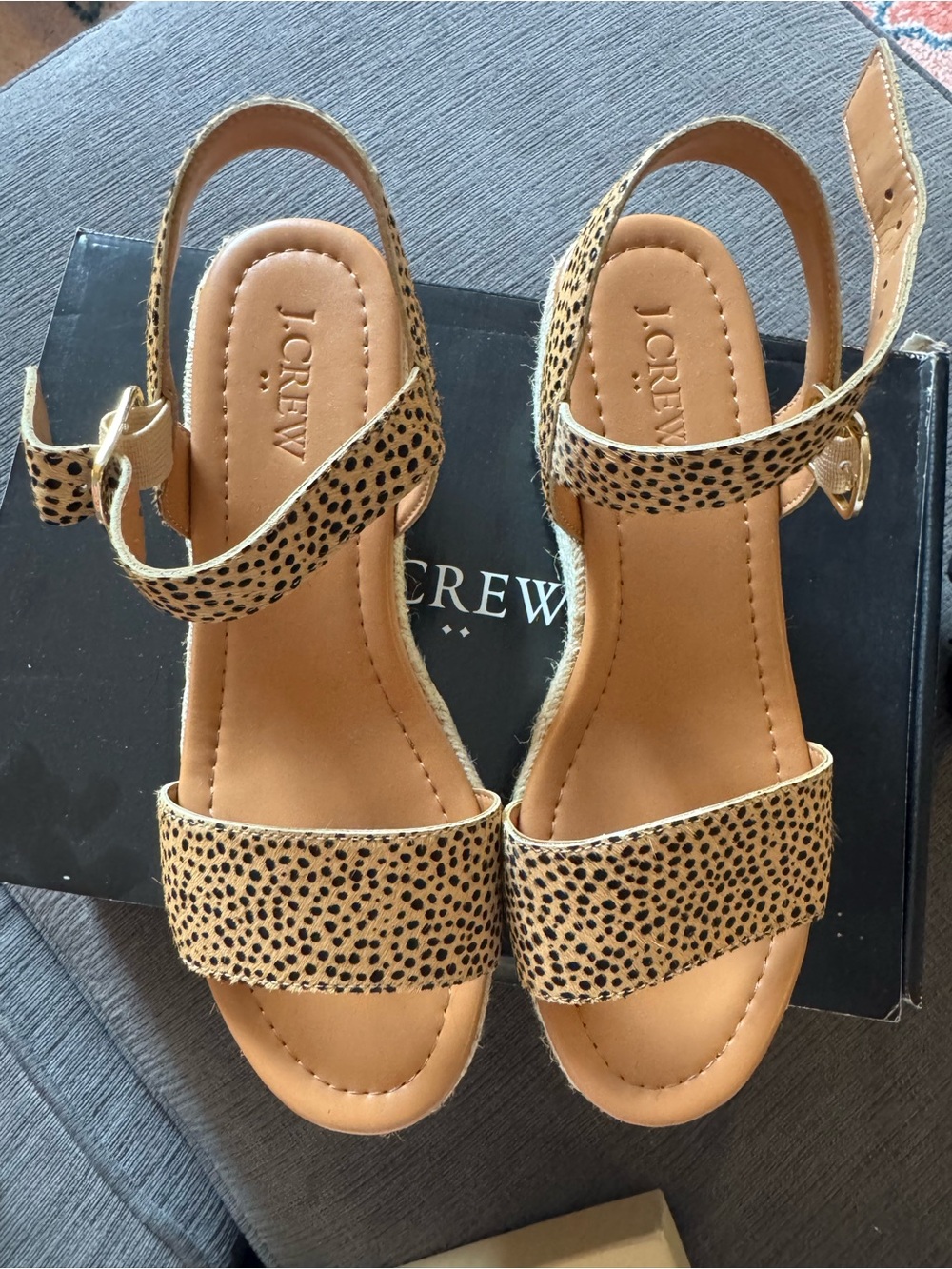 J. Crew Factory NWT Tan & Black Spotted Platform Espadrille Wedge Sandals